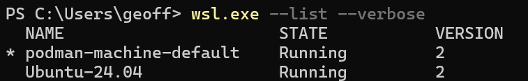 Output from wsl.exe to show running WSL environment