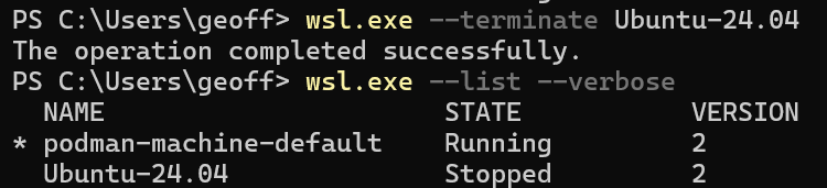 This shows the output of the wsl command with the instance being terminated